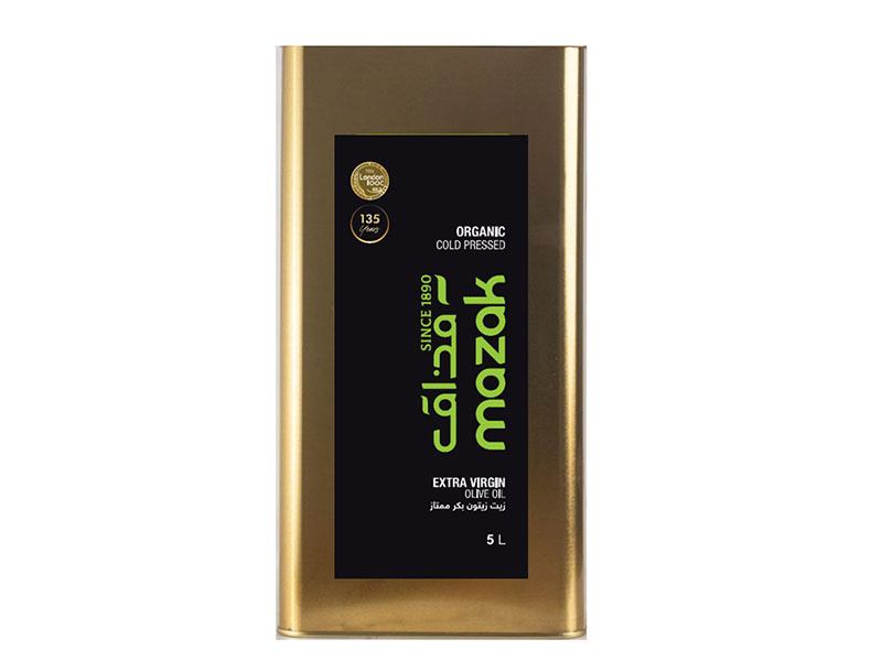 Mazak Ultra Premium Organic extra virgin olive oil, 5 L tin, front of box